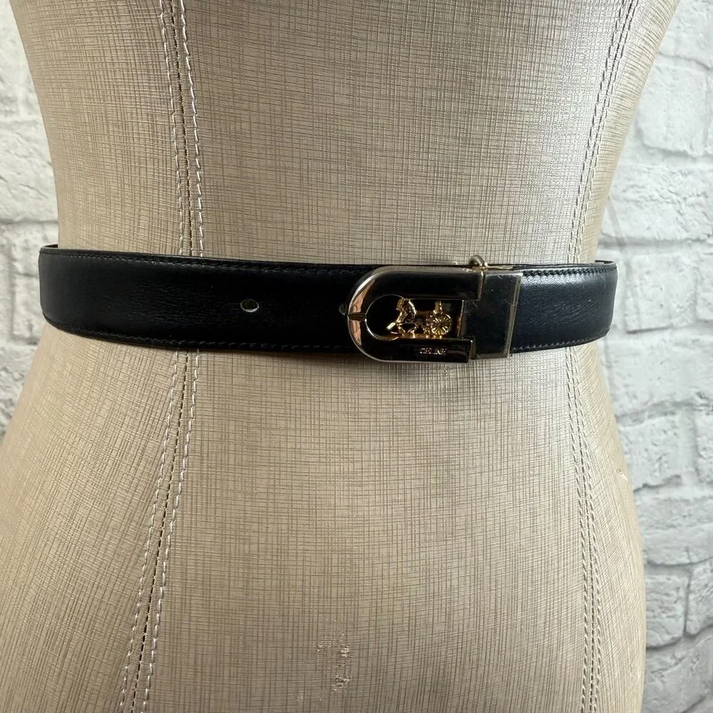 VTG Celine Horse And Carriage Women's Leather Waist Belt 32" Black Made In Italy - Picture 2 of 8